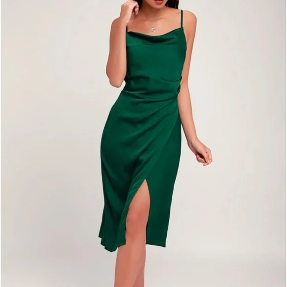 Lulus | Dresses | Lulus Hollywood Woman Forest Green Satin Midi Dress |  Poshmark